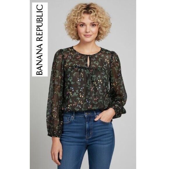 BANANA REPUBLIC - Black floral print long sleeve blouse - Picture 1 of 9